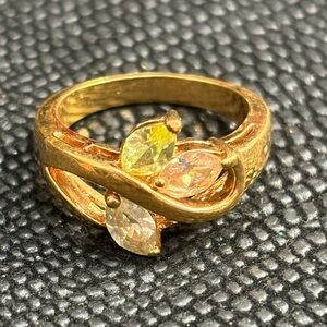 Gold ring with pink and green crystals size 9